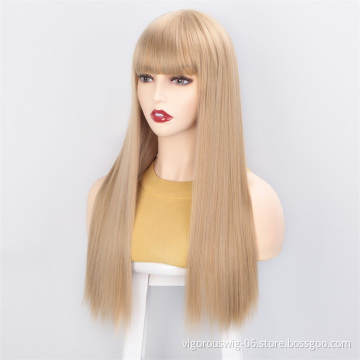 Vigorous Long Straight Synthetic Wigs with Bangs Honey Blonde Heat Resistant Wig for Women African American Natural Looking Hair